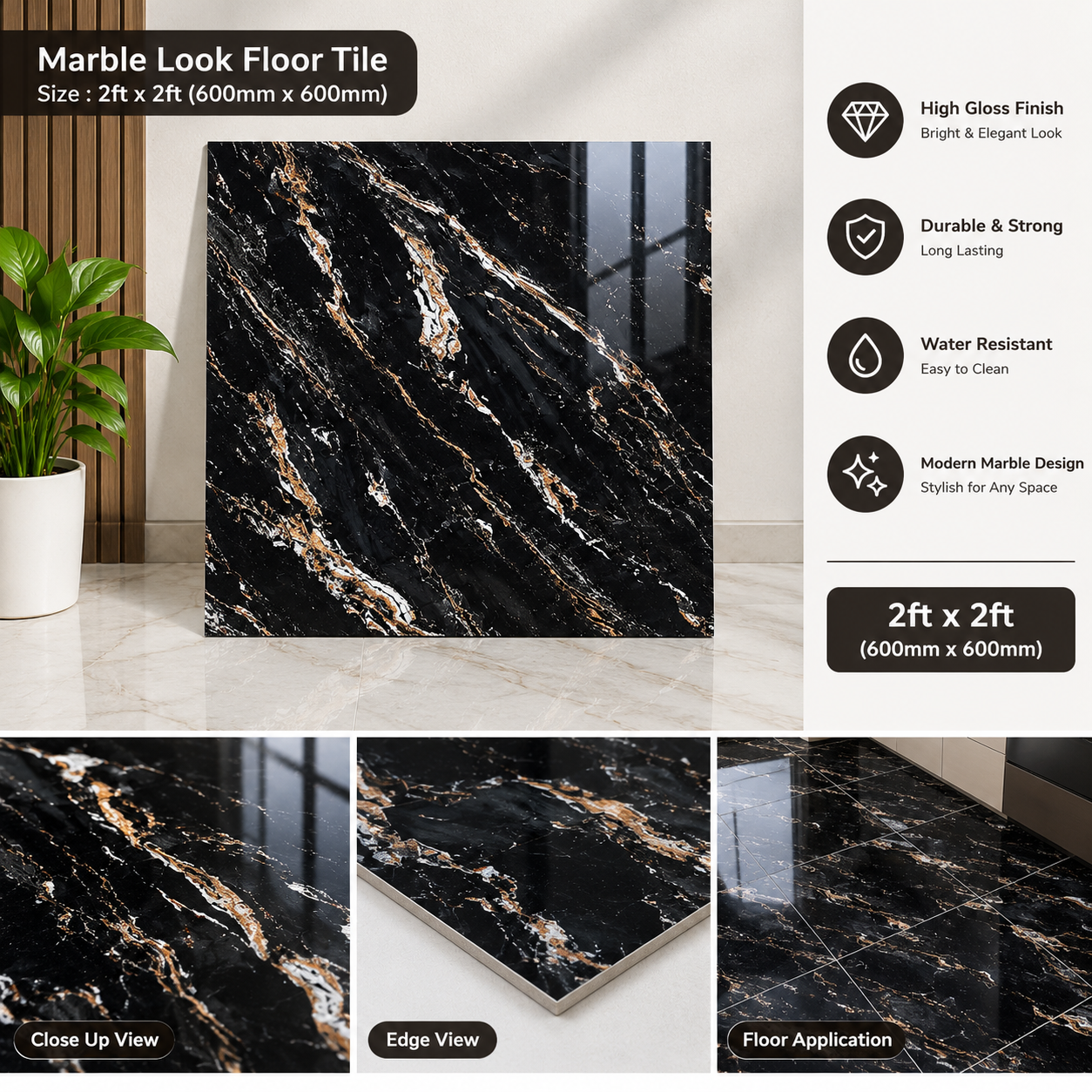 2'×2' ကြွေပြားအနက်ခံ Marble ဒီဇိုင်း